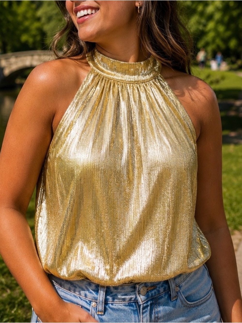 Pesion Sleeveless Halter Top In Gold